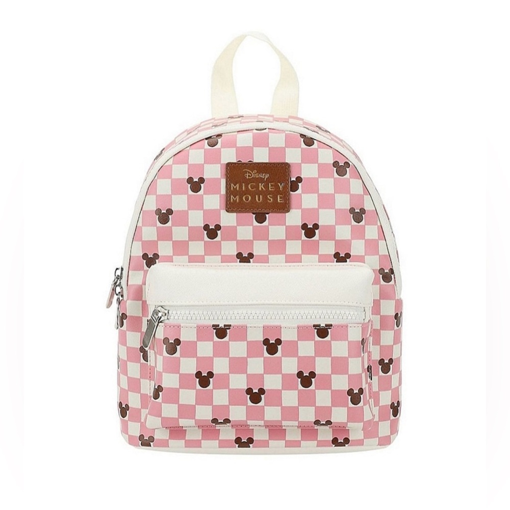Disney Mickey Mouse Mini Travel Backpack Pink & Brown Checkered 17”